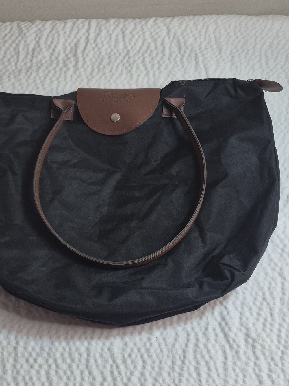 Kymbo Golf Classic Large Black Shoulder Bag Brown Trim Zip/Snap Silver Hardware